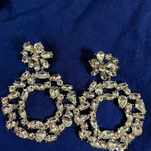 Silver stone floral big earrings